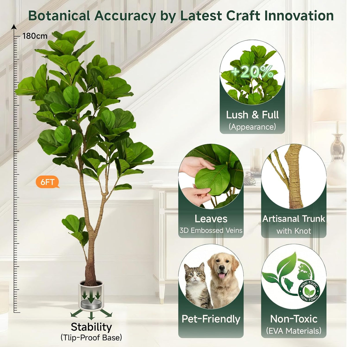 6ft Artificial Fiddle Leaf Fig Tree Tall Large Realistic Fake Ficus Lyrata Plant for Indoor Home Decor Office Living Room Floor Plant Modern Farmhouse Silk Tree 72 Inch Pet Safe Maintenance Free