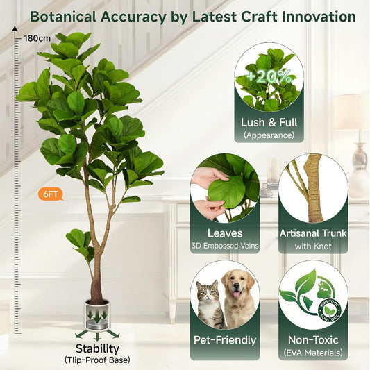 6ft Artificial Fiddle Leaf Fig Tree Tall Large Realistic Fake Ficus Lyrata Plant for Indoor Home Decor Office Living Room Floor Plant Modern Farmhouse Silk Tree 72 Inch Pet Safe Maintenance Free