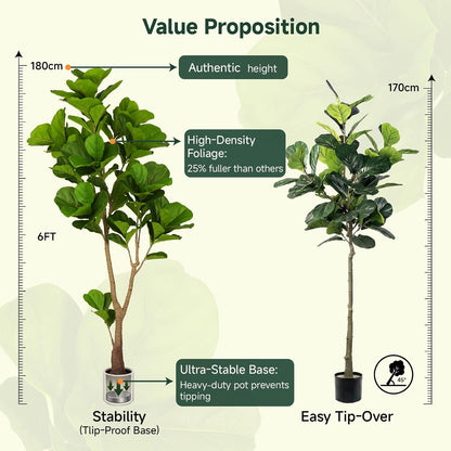 6ft Artificial Fiddle Leaf Fig Tree Tall Large Realistic Fake Ficus Lyrata Plant for Indoor Home Decor Office Living Room Floor Plant Modern Farmhouse Silk Tree 72 Inch Pet Safe Maintenance Free