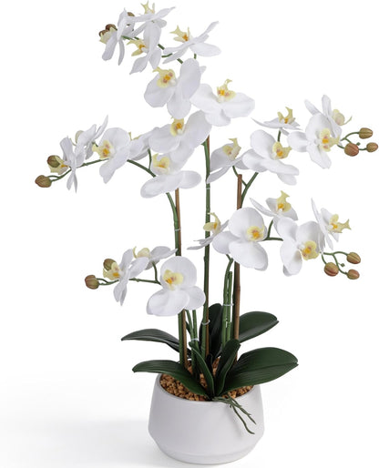 Artificial Orchid Flowers 26 Inch in Pot Look Real Fake White Phalaenopsis Potted Faux Plant for Home Office Indoor Outdoor Decor