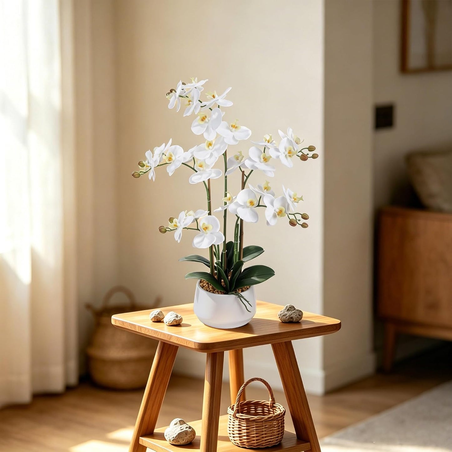 Artificial Orchid Flowers 26 Inch in Pot Look Real Fake White Phalaenopsis Potted Faux Plant for Home Office Indoor Outdoor Decor