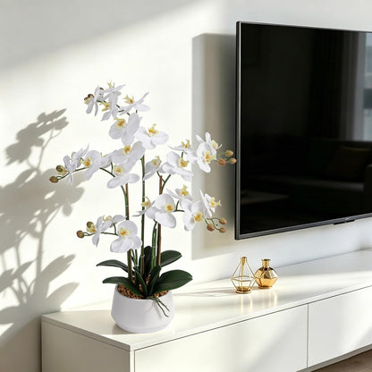Artificial Orchid Flowers 26 Inch in Pot Look Real Fake White Phalaenopsis Potted Faux Plant for Home Office Indoor Outdoor Decor