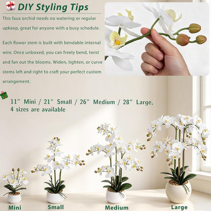 Artificial Orchid Flowers 26 Inch in Pot Look Real Fake White Phalaenopsis Potted Faux Plant for Home Office Indoor Outdoor Decor