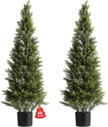Artificial Cedar Topiary Trees, 48 inch 2 Set Faux Pine Shrubs Plants, Fake Silk Tree Look Real, Easy Assembly for Decor Front Porch Outdoor Patio Garden Balcony Backyard Indoor Office