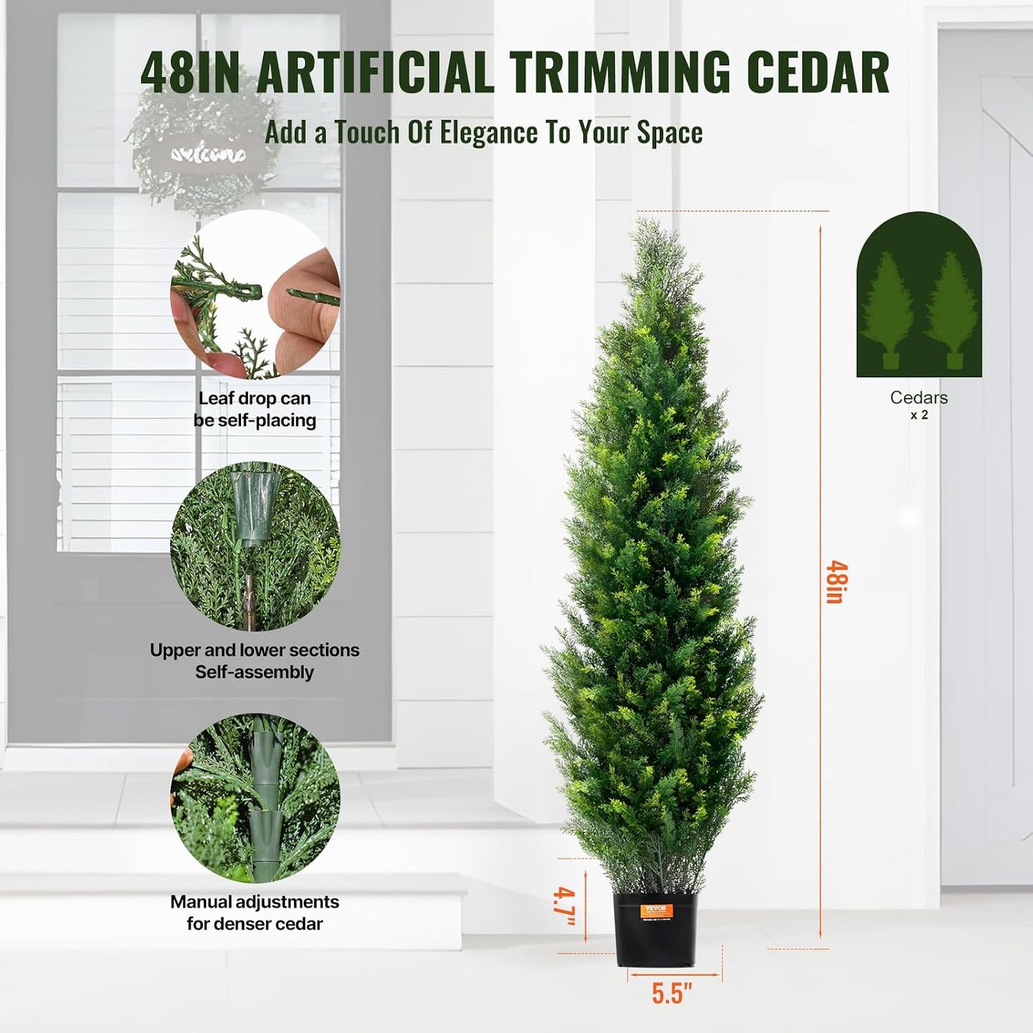 Artificial Cedar Topiary Trees, 48 inch 2 Set Faux Pine Shrubs Plants, Fake Silk Tree Look Real, Easy Assembly for Decor Front Porch Outdoor Patio Garden Balcony Backyard Indoor Office