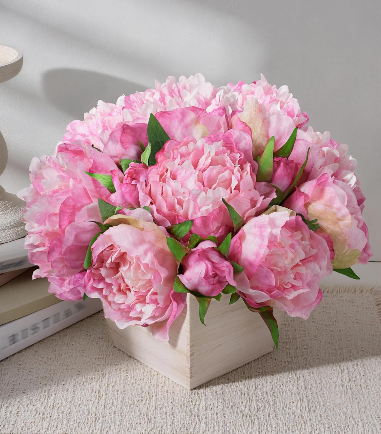 Artificial Hydrangea Flowers Arrangement in Wood Planter, 4PCS Fake Flowers in Wooden Vase Potted Floral Centerpieces for Tables Living Room Home Office Kitchen Decor (Pink Peony)