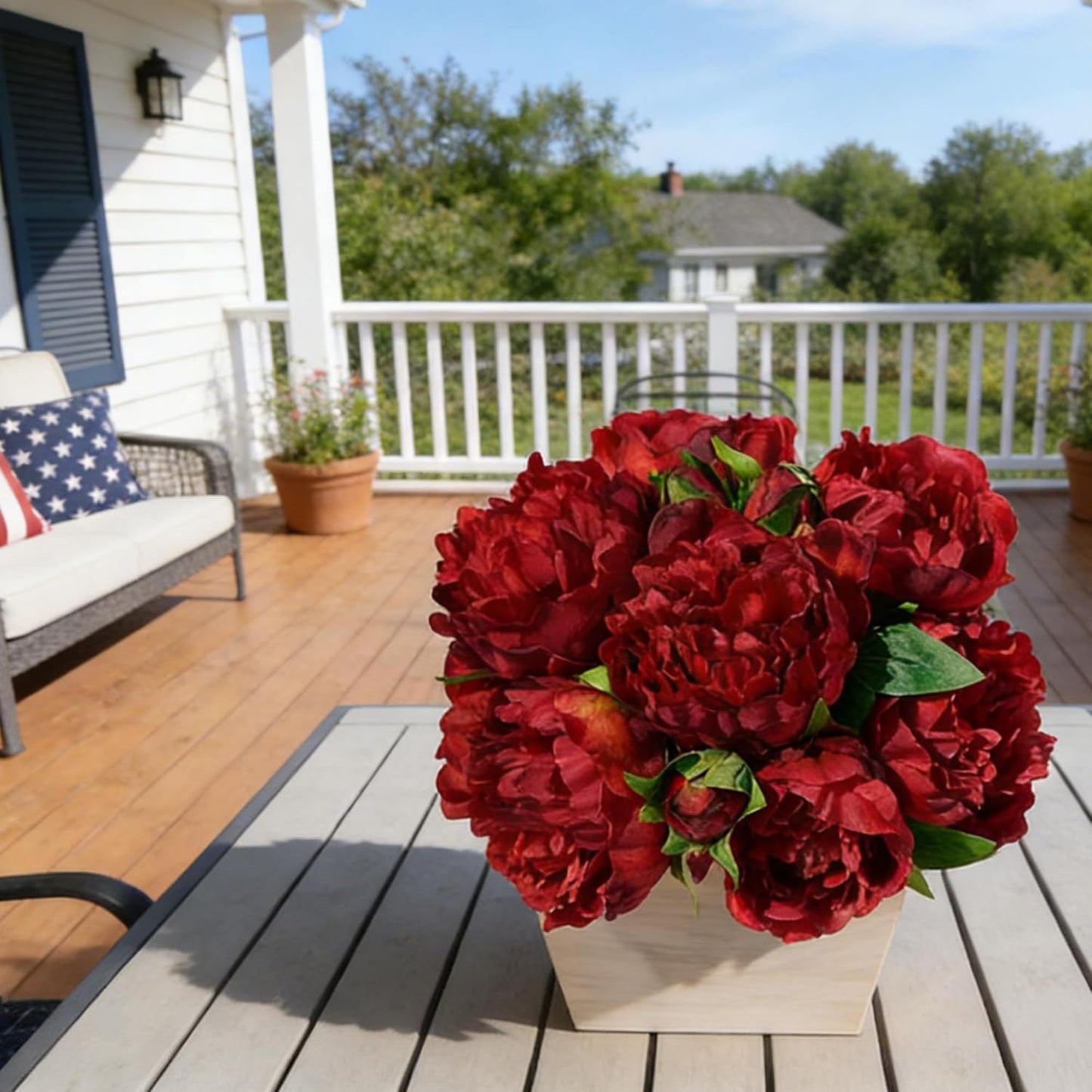 Artificial Hydrangea Flowers Arrangement in Wood Planter, 4PCS Fake Flowers in Wooden Vase Potted Floral Centerpieces for Tables Living Room Home Office Kitchen Decor (Pink Peony)