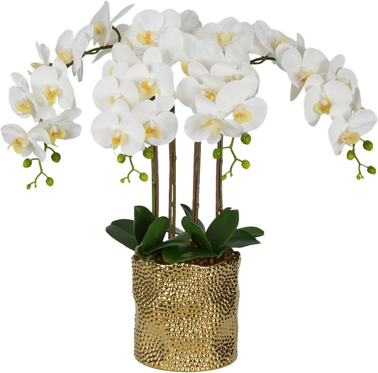 W&W Artificial Orchid Plants & Flowers Arrangement in Ceramic Pot, Fake Faux White Orchid with Gold Vase,Extral Large 26 inches
