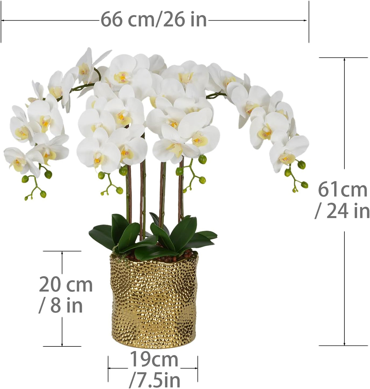 W&W Artificial Orchid Plants & Flowers Arrangement in Ceramic Pot, Fake Faux White Orchid with Gold Vase,Extral Large 26 inches