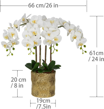 W&W Artificial Orchid Plants & Flowers Arrangement in Ceramic Pot, Fake Faux White Orchid with Gold Vase,Extral Large 26 inches