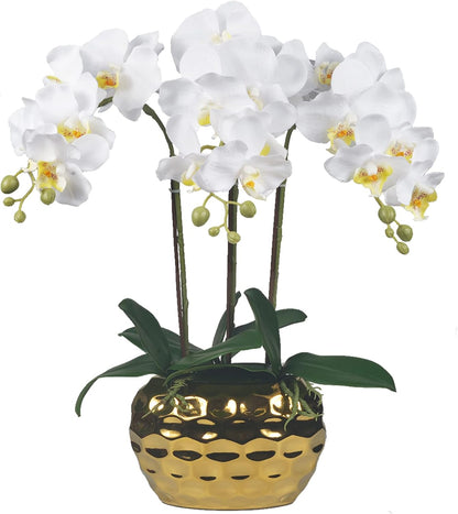 W&W Artificial Orchid Plants & Flowers Arrangement in Ceramic Pot, Fake Faux White Orchid with Gold Vase,Extral Large 26 inches