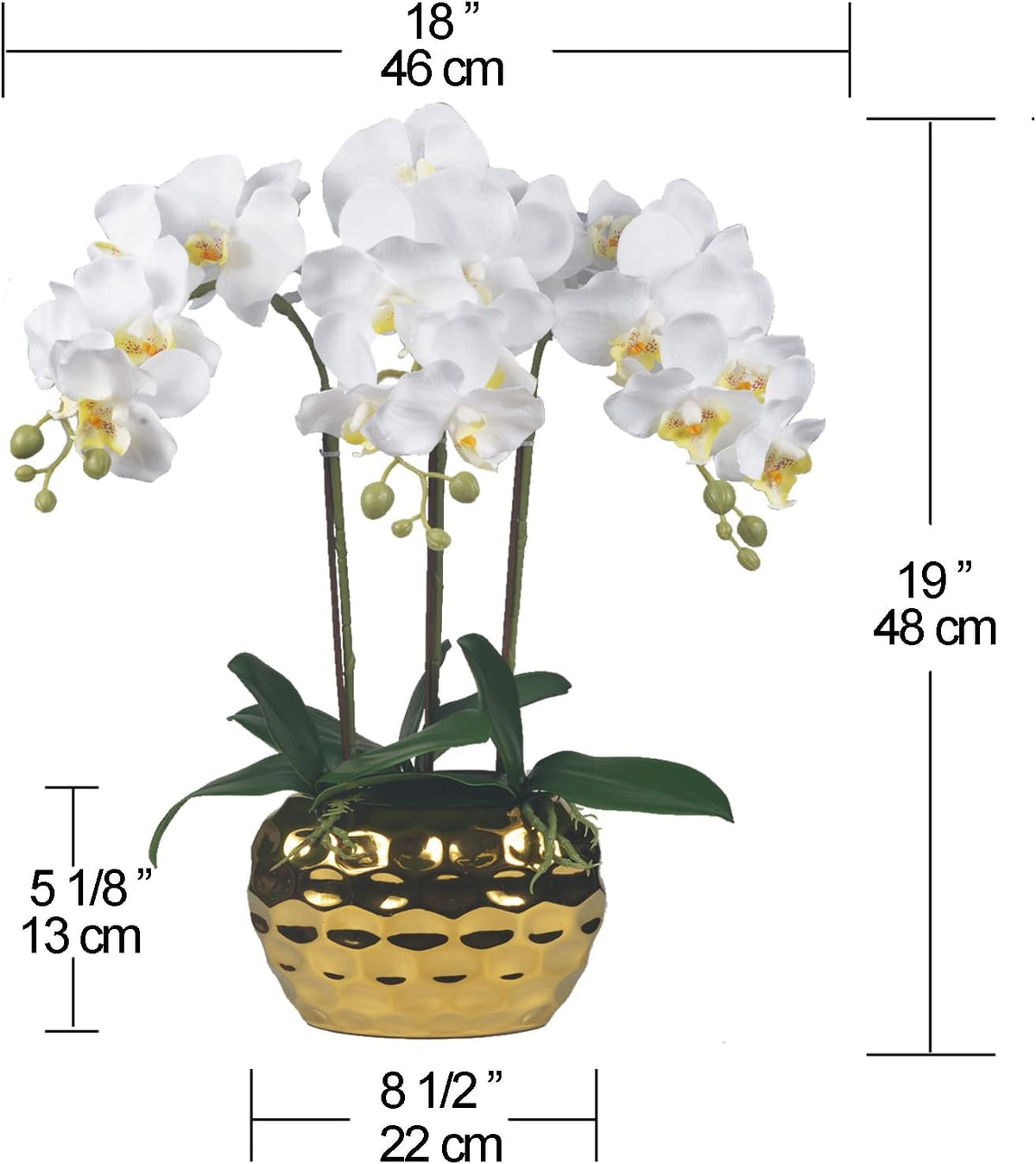 W&W Artificial Orchid Plants & Flowers Arrangement in Ceramic Pot, Fake Faux White Orchid with Gold Vase,Extral Large 26 inches