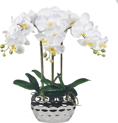 W&W Artificial Orchid Plants & Flowers Arrangement in Ceramic Pot, Fake Faux White Orchid with Gold Vase,Extral Large 26 inches
