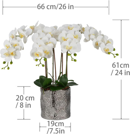 W&W Artificial Orchid Plants & Flowers Arrangement in Ceramic Pot, Fake Faux White Orchid with Gold Vase,Extral Large 26 inches