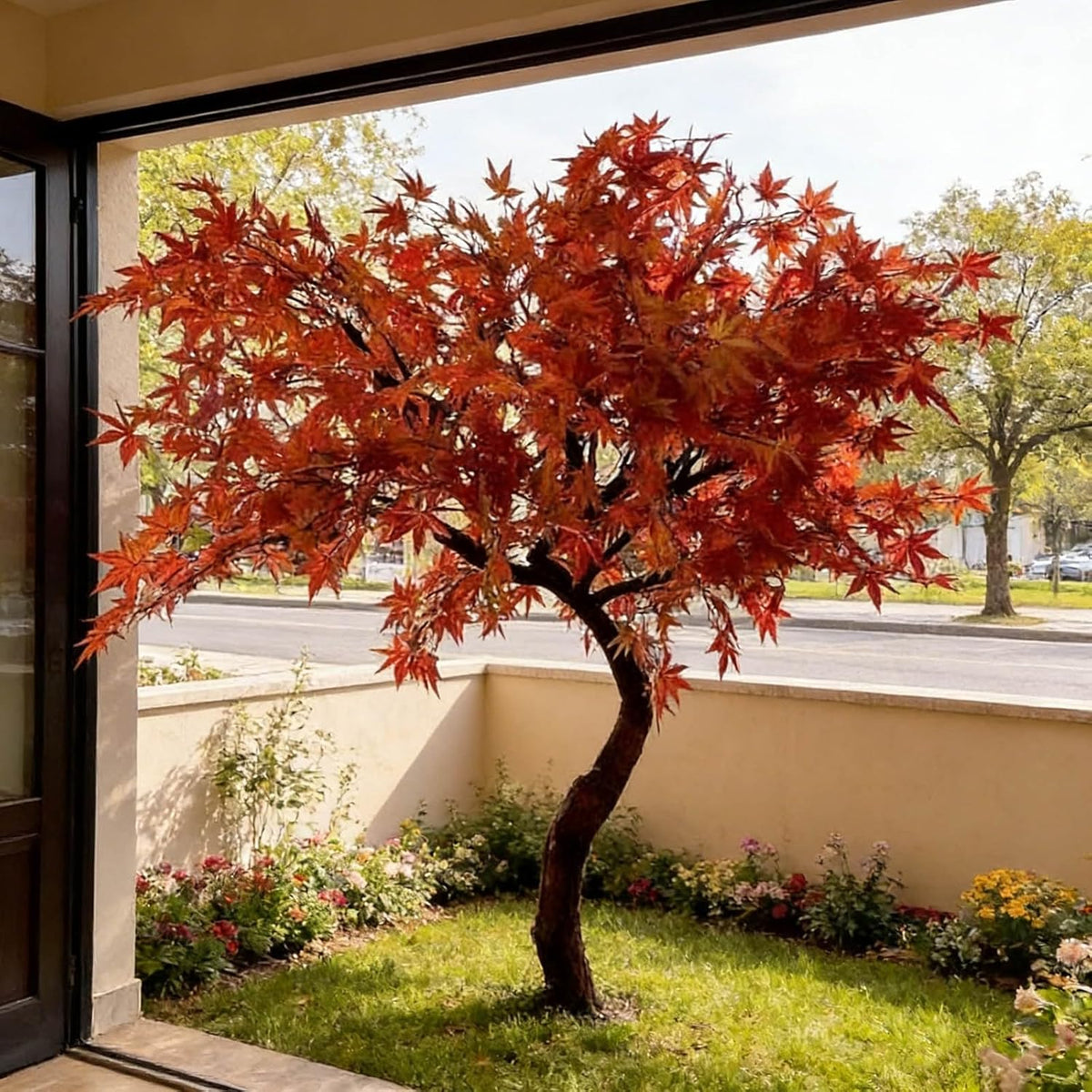 Large Japanese Red Maple Faux Tree, Artificial Maple Trees for Indoor and Outdoor - High Faux Silk Plant Scenery Landscape Trees for Home Office Decor (5FT)