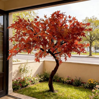 Large Japanese Red Maple Faux Tree, Artificial Maple Trees for Indoor and Outdoor - High Faux Silk Plant Scenery Landscape Trees for Home Office Decor (5FT)