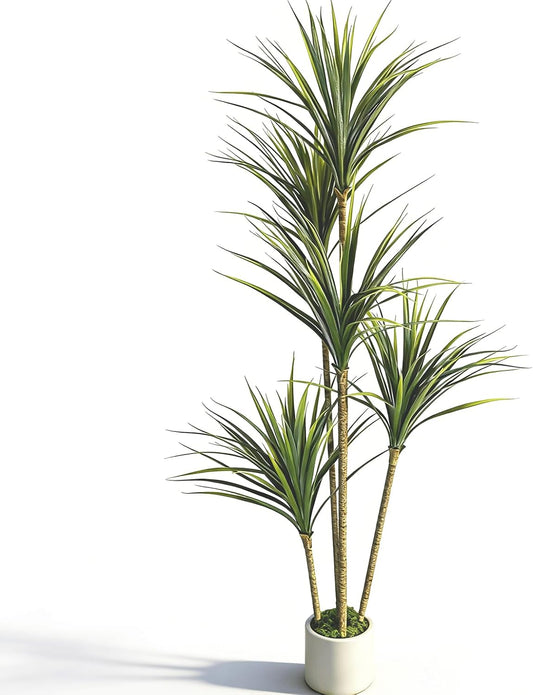 Dracaena Artificial Plant (Dragon Tree) - 5FT Artificial Plants Indoor with Realistic Resin Trunk and Lifelike Leaves - Artificial Trees for Home Decor Indoor, Faux Dracaena Marginata