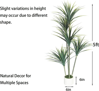 Dracaena Artificial Plant (Dragon Tree) - 5FT Artificial Plants Indoor with Realistic Resin Trunk and Lifelike Leaves - Artificial Trees for Home Decor Indoor, Faux Dracaena Marginata
