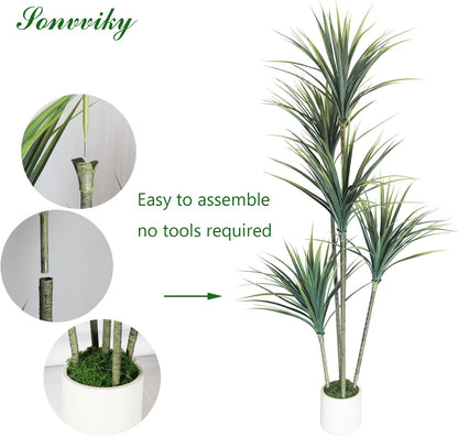 Dracaena Artificial Plant (Dragon Tree) - 5FT Artificial Plants Indoor with Realistic Resin Trunk and Lifelike Leaves - Artificial Trees for Home Decor Indoor, Faux Dracaena Marginata