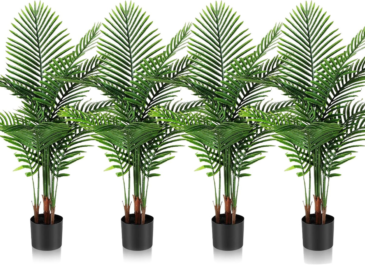 4 Pack Artificial Palm Trees 3Ft, Fake Plants Fake Trees Artificial Areca Palm Plants for Outdoor Indoor Faux Tree in Pot for Pool Home Decor Office Housewarming Gift Modern Decoration