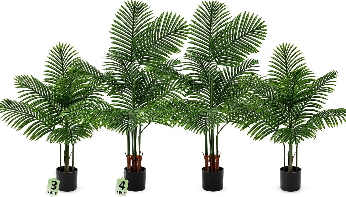 4 Pack Artificial Palm Trees 3Ft, Fake Plants Fake Trees Artificial Areca Palm Plants for Outdoor Indoor Faux Tree in Pot for Pool Home Decor Office Housewarming Gift Modern Decoration