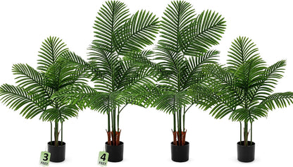 4 Pack Artificial Palm Trees 3Ft, Fake Plants Fake Trees Artificial Areca Palm Plants for Outdoor Indoor Faux Tree in Pot for Pool Home Decor Office Housewarming Gift Modern Decoration