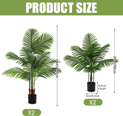4 Pack Artificial Palm Trees 3Ft, Fake Plants Fake Trees Artificial Areca Palm Plants for Outdoor Indoor Faux Tree in Pot for Pool Home Decor Office Housewarming Gift Modern Decoration