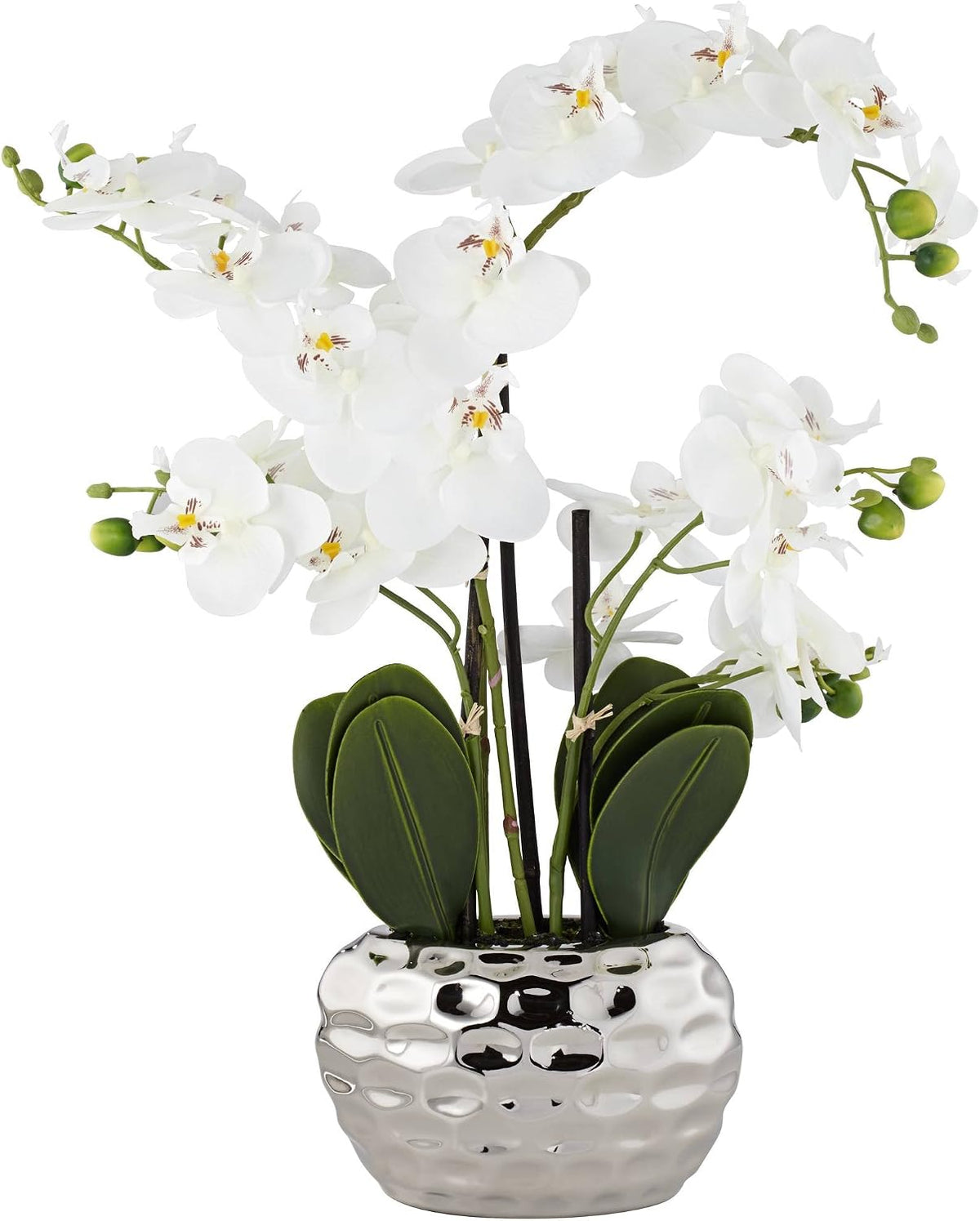 Potted Faux Artificial Flowers Arrangements Realistic White Phalaenopsis Orchid in Silver Pot Home Decoration Living Room Office Bedroom Bathroom Kitchen Dining Room 23" High