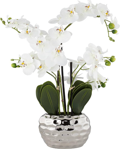 Potted Faux Artificial Flowers Arrangements Realistic White Phalaenopsis Orchid in Silver Pot Home Decoration Living Room Office Bedroom Bathroom Kitchen Dining Room 23" High