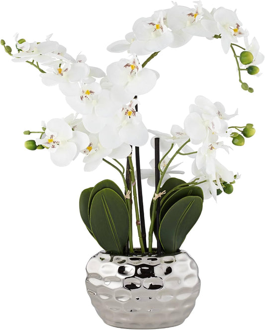 Potted Faux Artificial Flowers Arrangements Realistic White Phalaenopsis Orchid in Silver Pot Home Decoration Living Room Office Bedroom Bathroom Kitchen Dining Room 23" High