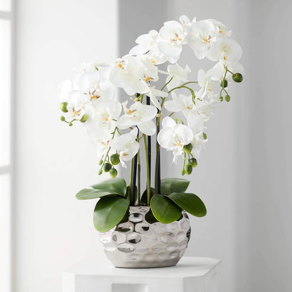 Potted Faux Artificial Flowers Arrangements Realistic White Phalaenopsis Orchid in Silver Pot Home Decoration Living Room Office Bedroom Bathroom Kitchen Dining Room 23" High