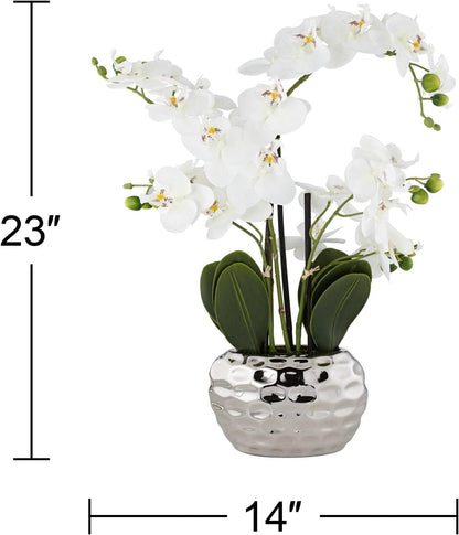 Potted Faux Artificial Flowers Arrangements Realistic White Phalaenopsis Orchid in Silver Pot Home Decoration Living Room Office Bedroom Bathroom Kitchen Dining Room 23" High