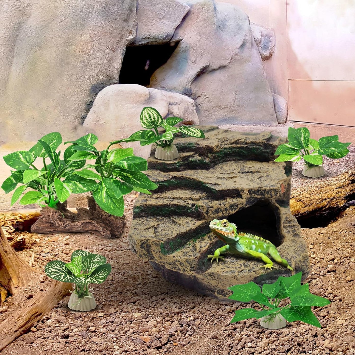 Silk Fish Tank Plants,Reptile Artificial Plant,Reptile Plants for Terrarium,Aquarium Decorations Accessories Set,Resin Driftwood Artificial Silk Aquarium Plant for Fish Tank.(5PCS/C-Set)