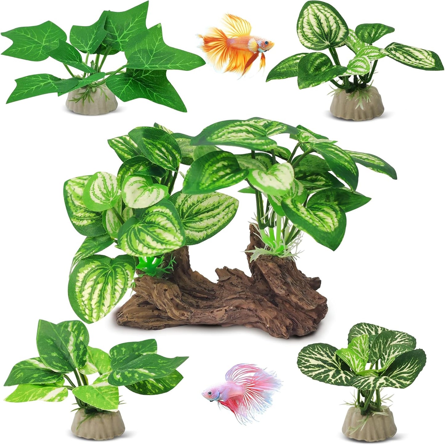 Silk Fish Tank Plants,Reptile Artificial Plant,Reptile Plants for Terrarium,Aquarium Decorations Accessories Set,Resin Driftwood Artificial Silk Aquarium Plant for Fish Tank.(5PCS/C-Set)
