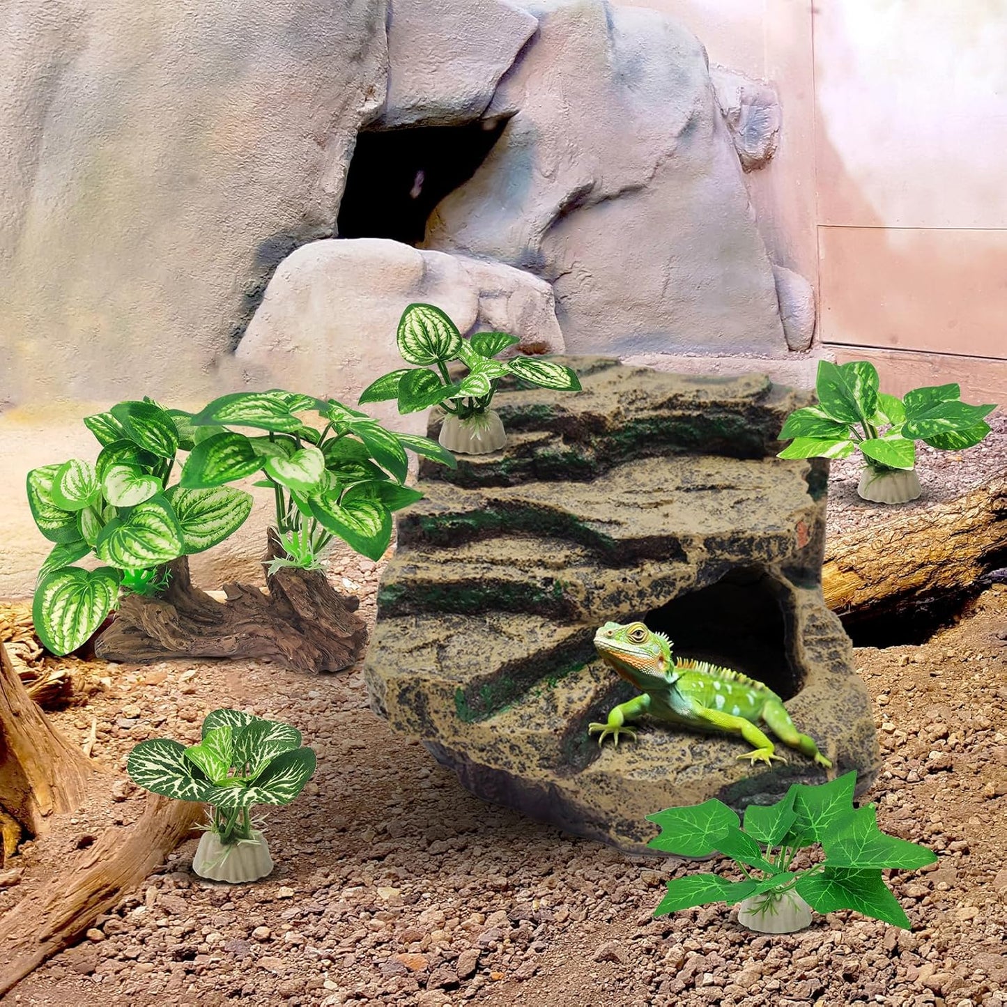 Silk Fish Tank Plants,Reptile Artificial Plant,Reptile Plants for Terrarium,Aquarium Decorations Accessories Set,Resin Driftwood Artificial Silk Aquarium Plant for Fish Tank.(5PCS/C-Set)