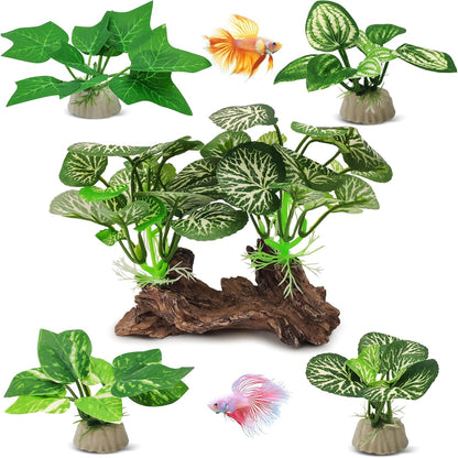 Silk Fish Tank Plants,Reptile Artificial Plant,Reptile Plants for Terrarium,Aquarium Decorations Accessories Set,Resin Driftwood Artificial Silk Aquarium Plant for Fish Tank.(5PCS/C-Set)