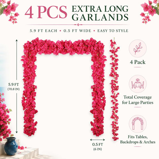 Thiccywoov 4 Pcs 5.9 ft Bougainvillea Artificial Flower Garland Faux Bougainvillea Wreaths Tropical Hawaiian Floral Vine for Bachelorette Birthday Summer Dancing Queen Party Wedding Arch Table Decor