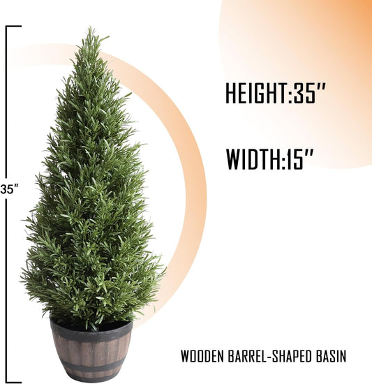 Faux Rosemary Topiary Tree in Pot - Realistic Artificial Bush Sculpture for Porch Decor, Indoor/Outdoor,35 inchs