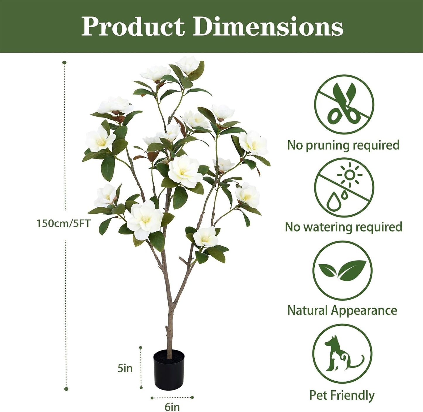 Artificial Magnolia Tree 5ft – Realistic Faux Plant with Adjustable Branches, Elegant Blooms, Easy to Assemble & Low Maintenance for Home & Office Décor