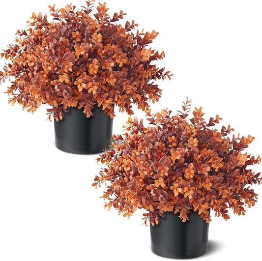 2 Pcs 17" Lifelike Touch Artificial Boxwood Fall Topiary Tree(Deep Orange) | with Pots,No Assembly Required,UV Resistant Faux Potted Plant,for Front Porch Farmhouse Thanksgiving Autumn Outside Decor