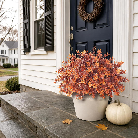 2 Pcs 17" Lifelike Touch Artificial Boxwood Fall Topiary Tree(Deep Orange) | with Pots,No Assembly Required,UV Resistant Faux Potted Plant,for Front Porch Farmhouse Thanksgiving Autumn Outside Decor