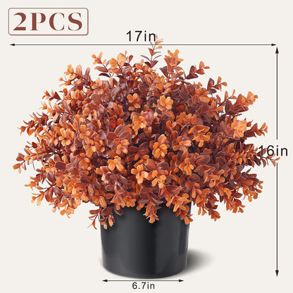 2 Pcs 17" Lifelike Touch Artificial Boxwood Fall Topiary Tree(Deep Orange) | with Pots,No Assembly Required,UV Resistant Faux Potted Plant,for Front Porch Farmhouse Thanksgiving Autumn Outside Decor