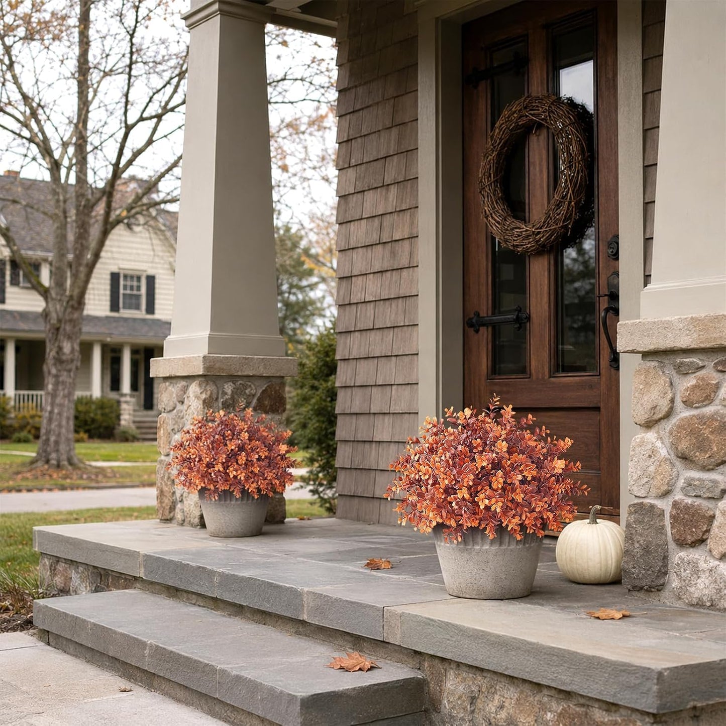 2 Pcs 17" Lifelike Touch Artificial Boxwood Fall Topiary Tree(Deep Orange) | with Pots,No Assembly Required,UV Resistant Faux Potted Plant,for Front Porch Farmhouse Thanksgiving Autumn Outside Decor