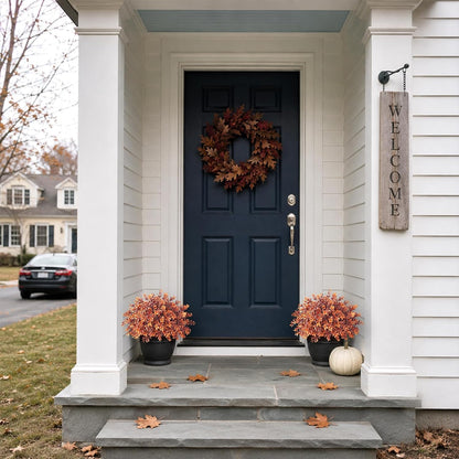 2 Pcs 17" Lifelike Touch Artificial Boxwood Fall Topiary Tree(Deep Orange) | with Pots,No Assembly Required,UV Resistant Faux Potted Plant,for Front Porch Farmhouse Thanksgiving Autumn Outside Decor