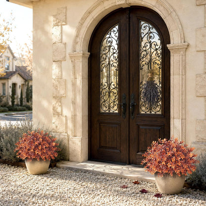 2 Pcs 17" Lifelike Touch Artificial Boxwood Fall Topiary Tree(Deep Orange) | with Pots,No Assembly Required,UV Resistant Faux Potted Plant,for Front Porch Farmhouse Thanksgiving Autumn Outside Decor