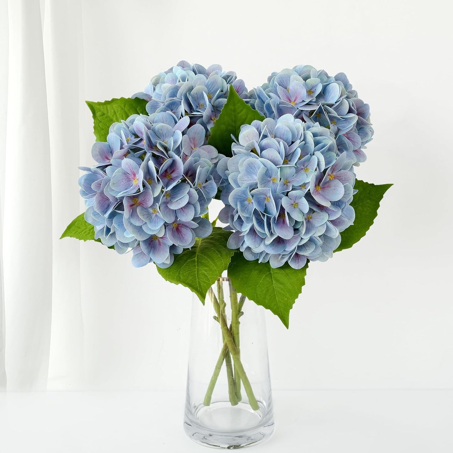 4PCS 19.6Inch Violet Blue Faux Hydrangea Artificial Flowers Silk Latex Realistic Full Large Hydrangeas Spring Long Stem Leaves Bouquet Plants for Tall Vase Table Garden Arrangements