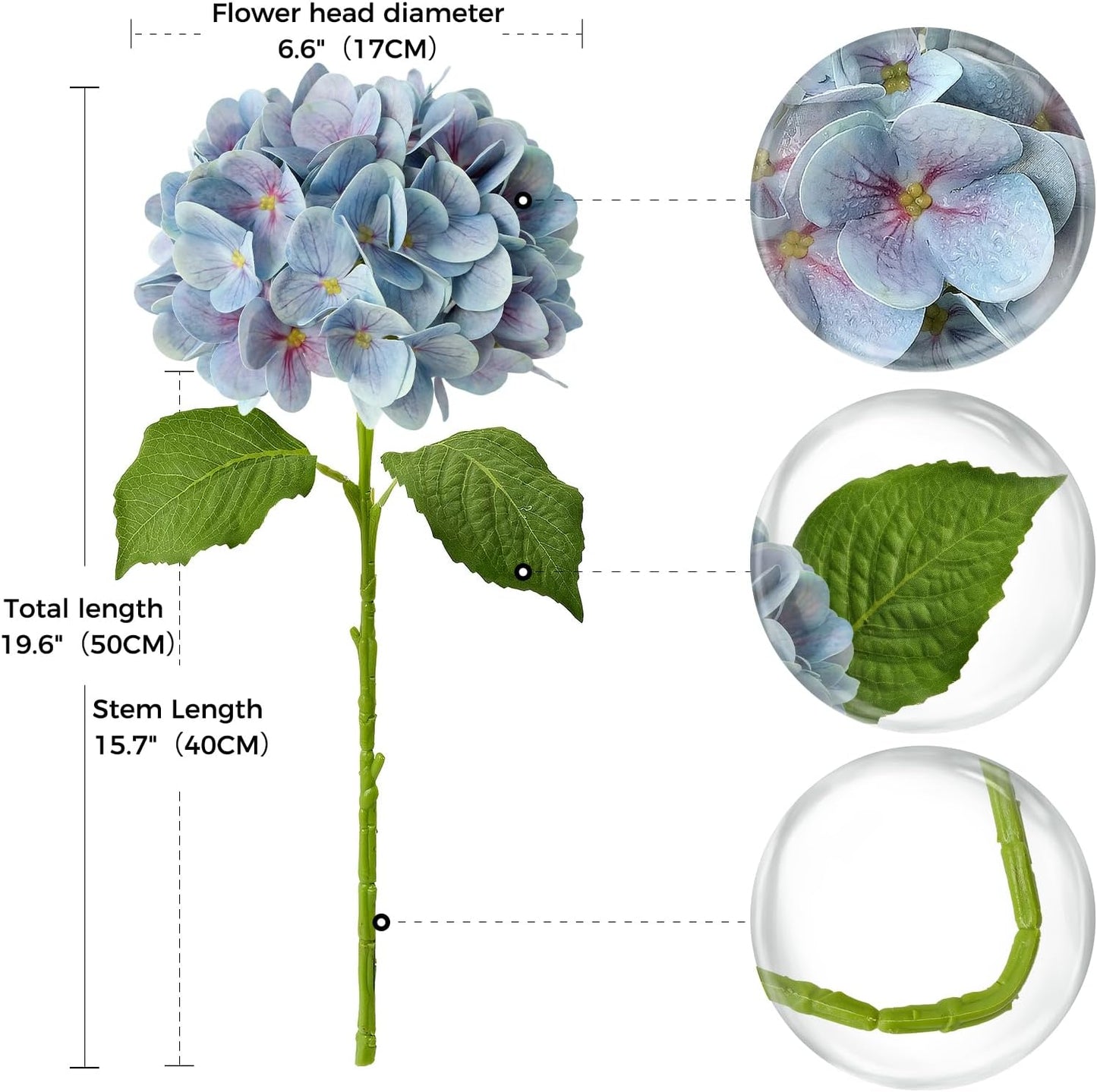 4PCS 19.6Inch Violet Blue Faux Hydrangea Artificial Flowers Silk Latex Realistic Full Large Hydrangeas Spring Long Stem Leaves Bouquet Plants for Tall Vase Table Garden Arrangements
