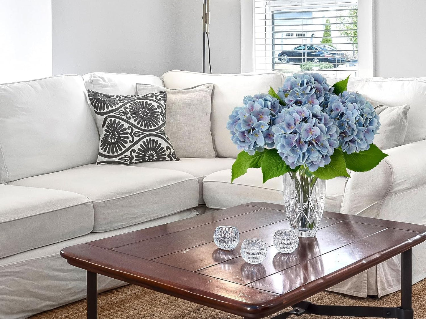 4PCS 19.6Inch Violet Blue Faux Hydrangea Artificial Flowers Silk Latex Realistic Full Large Hydrangeas Spring Long Stem Leaves Bouquet Plants for Tall Vase Table Garden Arrangements