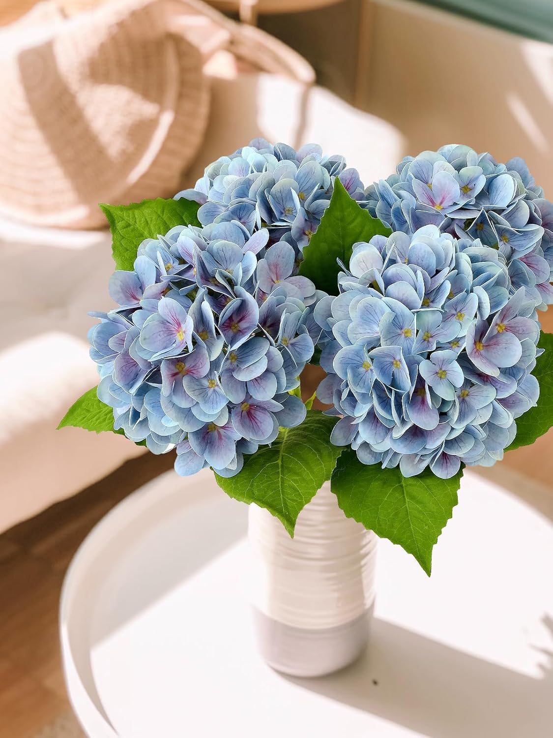 4PCS 19.6Inch Violet Blue Faux Hydrangea Artificial Flowers Silk Latex Realistic Full Large Hydrangeas Spring Long Stem Leaves Bouquet Plants for Tall Vase Table Garden Arrangements