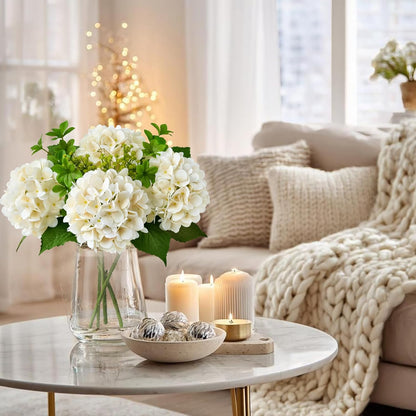 4PCS 19.6Inch Violet Blue Faux Hydrangea Artificial Flowers Silk Latex Realistic Full Large Hydrangeas Spring Long Stem Leaves Bouquet Plants for Tall Vase Table Garden Arrangements
